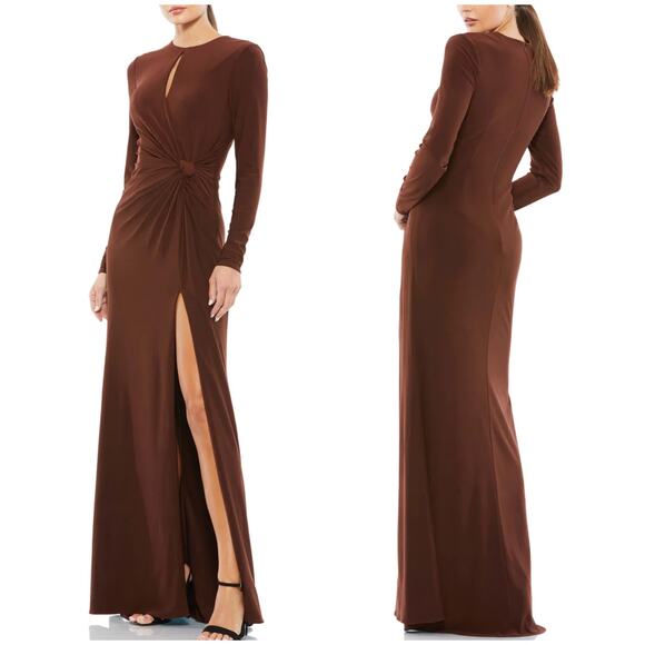 Mac Duggal NWT Long Sleeve Keyhole Draped Gown Chocolate Brown Size 2 - Picture 1 of 10